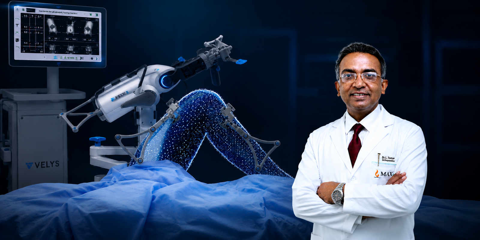 VELYS robotic-assisted surgical system performing knee surgery with Dr. L. Tomar